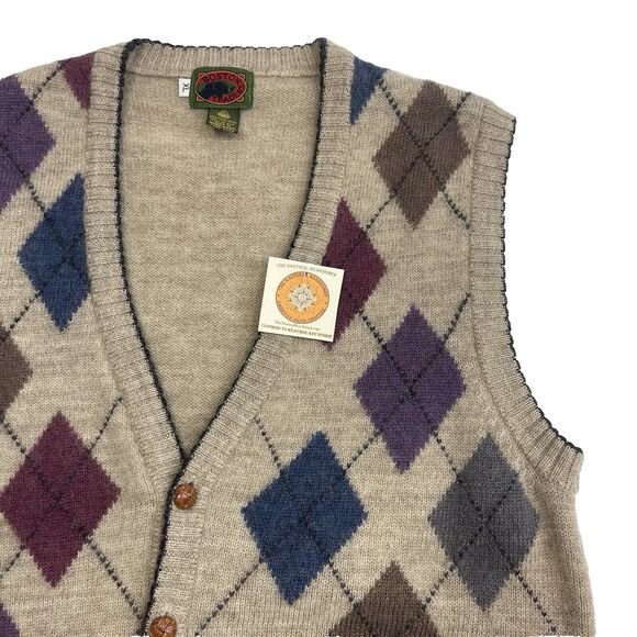 VTG Boston Trader Argyle Sweater Vest Men's XL Multicolor Wool Leather Buttons - Picture 2 of 9